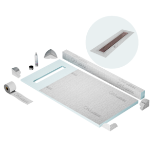 QM Shower Pan Kit 32″ with a 24″ Lotus Linear Drain Flange Edge in Bronze