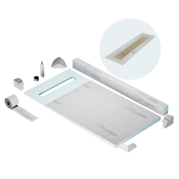 QM Shower Pan Kit 32" with a 24" Lotus Linear Drain Flange Edge in Gold