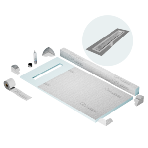 QM Shower Pan Kit 32″ with a 24″ Lotus Linear Drain Flange Edge in Polished
