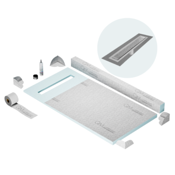 QM Shower Pan Kit 32" with a 24" Lotus Linear Drain Flange Edge in Polished