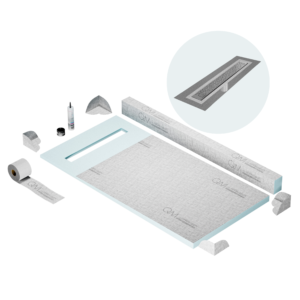QM Shower Pan Kit 32″ with a 24″ Lotus Linear Drain Flange Edge in Satin