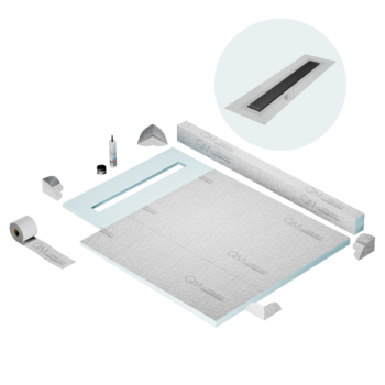 QM Shower Pan Kit 40" with a 32" Lotus Linear Drain Flange Edge in Black