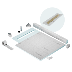 QM Shower Pan Kit 40″ with a 32″ Lotus Linear Drain Flange Edge in Gold