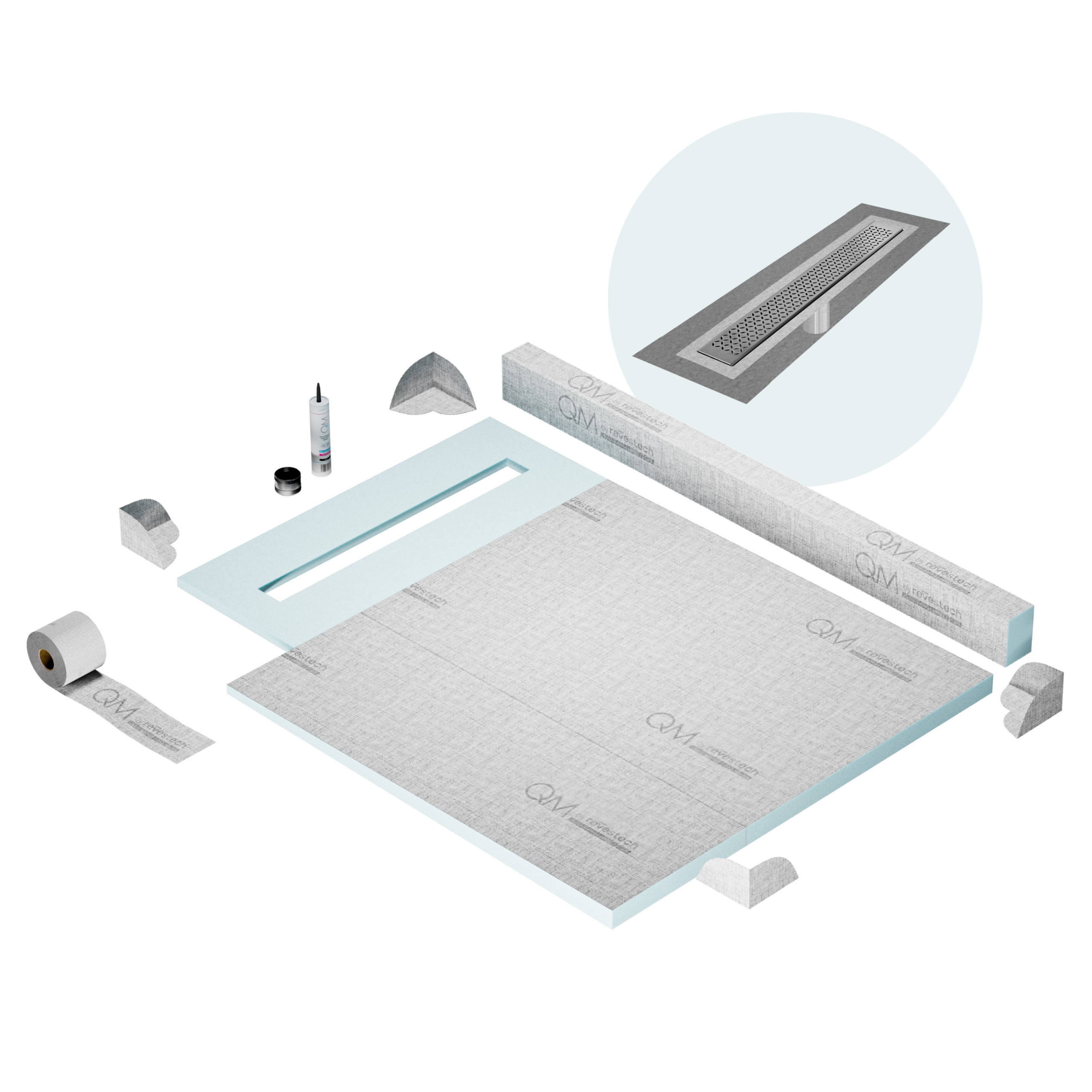QM Shower Pan Kit 40" with a 32" Lotus Linear Drain Flange Edge in Satin