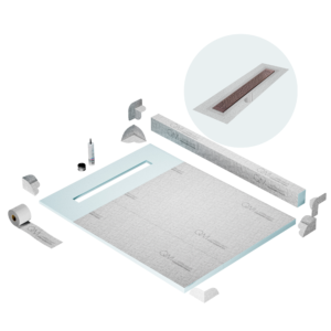 QM Shower Pan Kit 48″ with a 36″ Lotus Linear Drain Flange Edge in Bronze