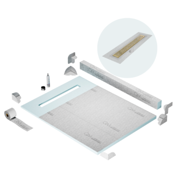 QM Shower Pan Kit 48" with a 36" Lotus Linear Drain Flange Edge in Gold