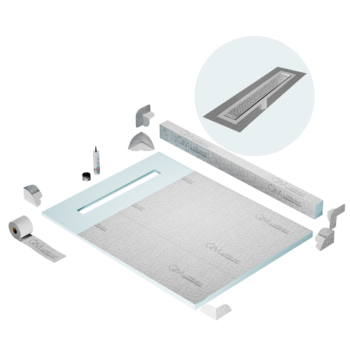 QM Shower Pan Kit 48" with a 36" Lotus Linear Drain Flange Edge in Polished
