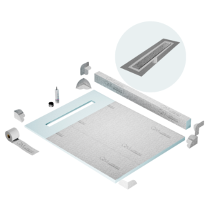QM Shower Pan Kit 48″ with a 36″ Lotus Linear Drain Flange Edge in Satin