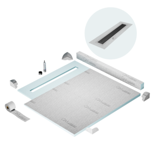 QM Shower Pan Kit 56″ with a 48″ Lotus Linear Drain Flange Edge in Black