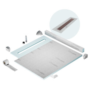 QM Shower Pan Kit 56″ with a 48″ Lotus Linear Drain Flange Edge in Bronze