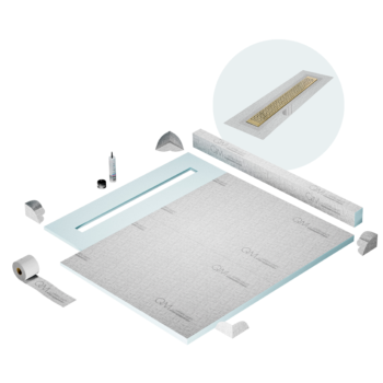 QM Shower Pan Kit 56" with a 48" Lotus Linear Drain Flange Edge in Gold