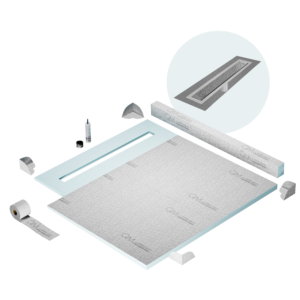 QM Shower Pan Kit 56″ with a 48″ Lotus Linear Drain Flange Edge in Satin