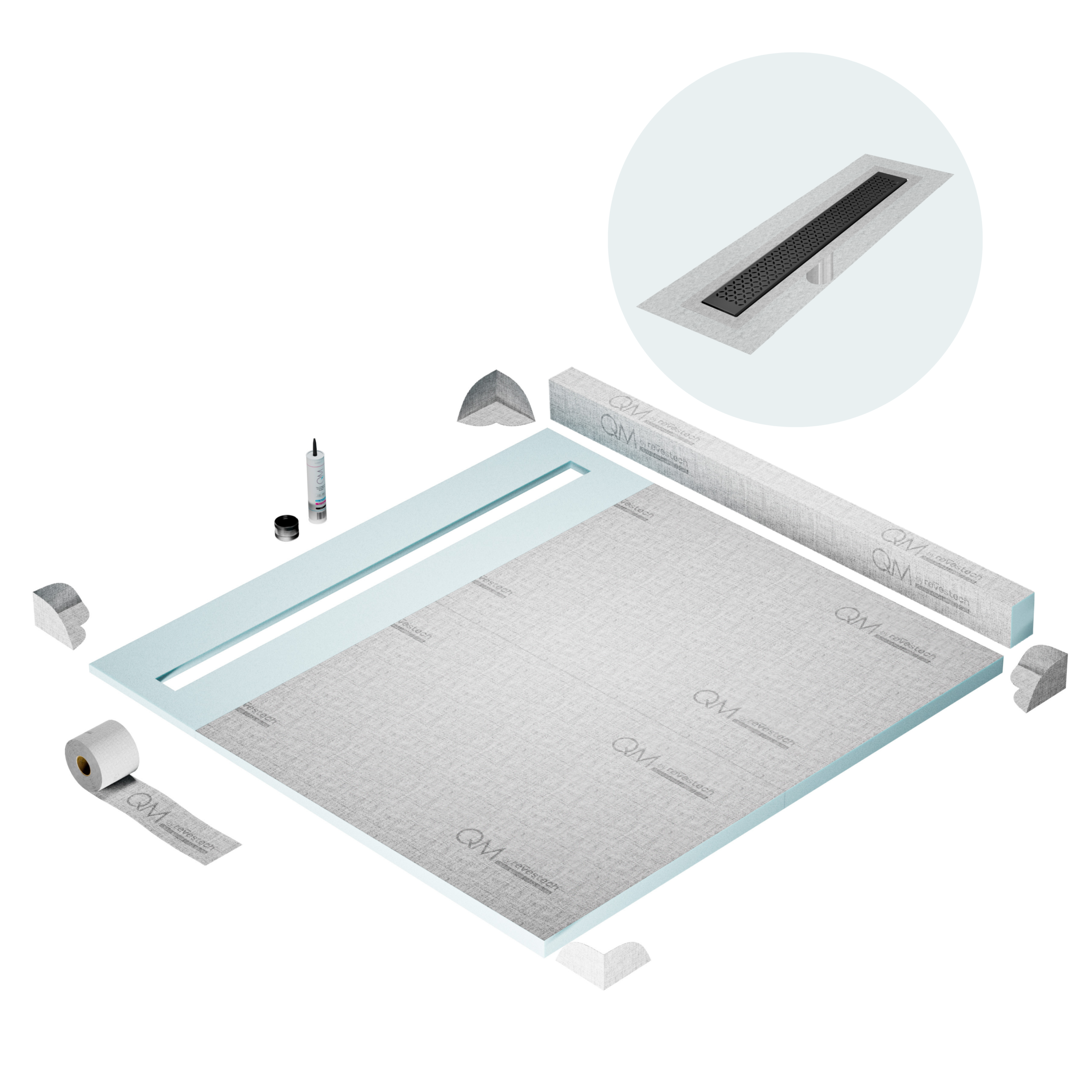 QM Shower Pan Kit 64" with a 58" Lotus Linear Drain Flange Edge in Black