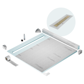 QM Shower Pan Kit 64" with a 58" Lotus Linear Drain Flange Edge in Gold
