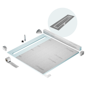 QM Shower Pan Kit 64″ with a 58″ Lotus Linear Drain Flange Edge in Satin