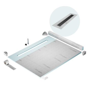 QM Shower Pan Kit 80" with a 58" Lotus Linear Drain Flange Edge in Black