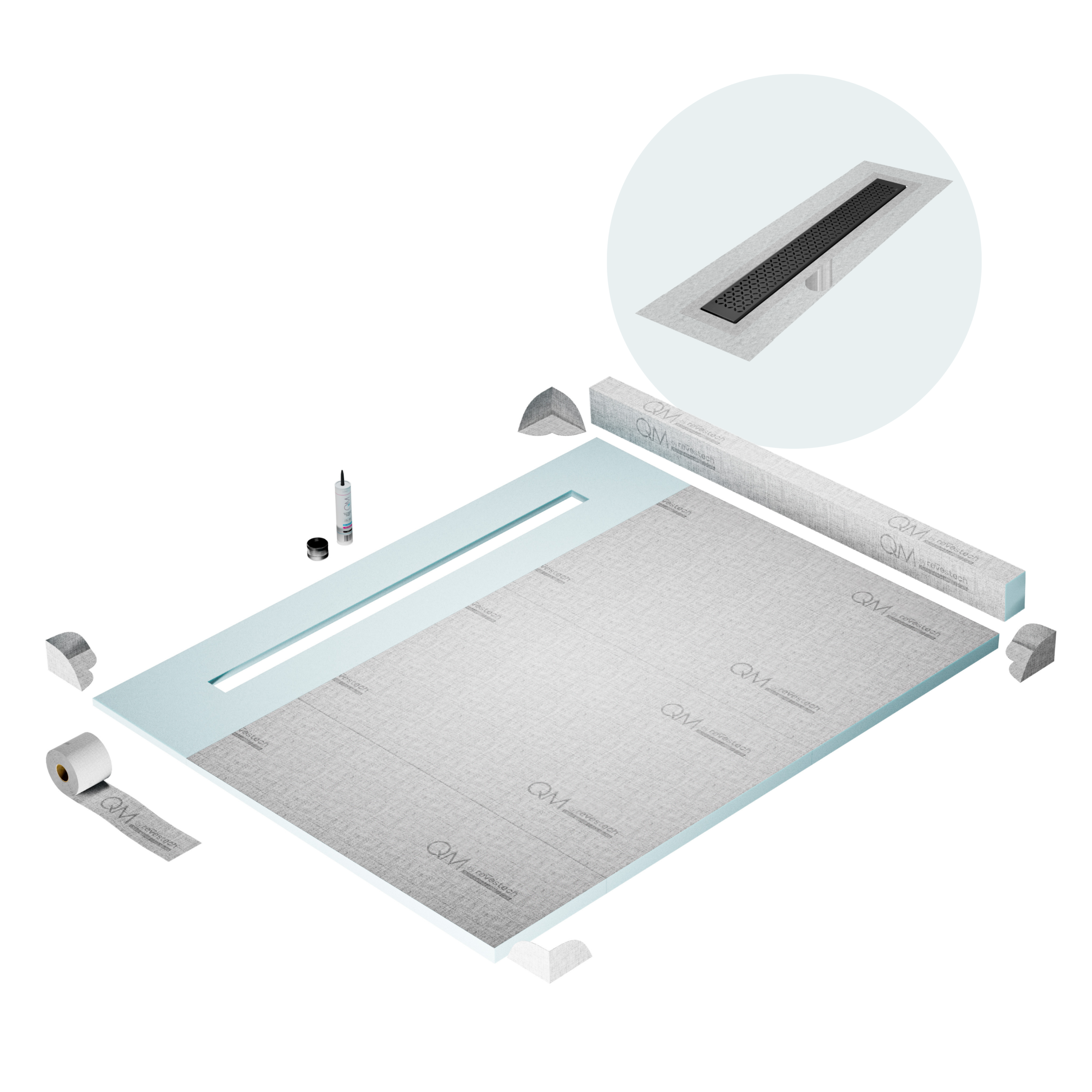 QM Shower Pan Kit 80" with a 58" Lotus Linear Drain Flange Edge in Black