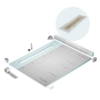 QM Shower Pan Kit 80" with a 58" Lotus Linear Drain Flange Edge in Gold