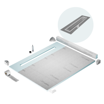 QM Shower Pan Kit 80" with a 58" Lotus Linear Drain Flange Edge in Polished