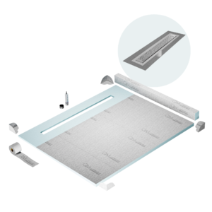 QM Shower Pan Kit 80″ with a 58″ Lotus Linear Drain Flange Edge in Satin