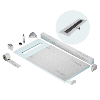 QM Shower Pan Kit 32" with a 24" Lotus Linear Drain Flange Edge Side Outlet in Black