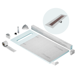 QM Shower Pan Kit 32″ with a 24″ Lotus Linear Drain Flange Edge Side Outlet in Bronze