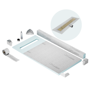 QM Shower Pan Kit 32″ with a 24″ Lotus Linear Drain Flange Edge Side Outlet in Gold