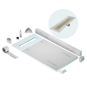 QM Shower Pan Kit 32" with a 24" Lotus Linear Drain Flange Edge Side Outlet in Gold