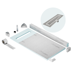 QM Shower Pan Kit 32″ with a 24″ Lotus Linear Drain Flange Edge Side Outlet in Polished