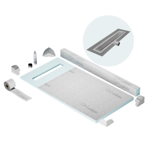 QM Shower Pan Kit 32″ with a 24″ Lotus Linear Drain Flange Edge Side Outlet in Satin