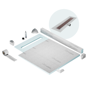 QM Shower Pan Kit 40″ with a 32″ Lotus Linear Drain Flange Edge Side Outlet in Bronze