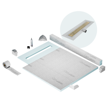 QM Shower Pan Kit 40" with a 32" Lotus Linear Drain Flange Edge Side Outlet in Gold