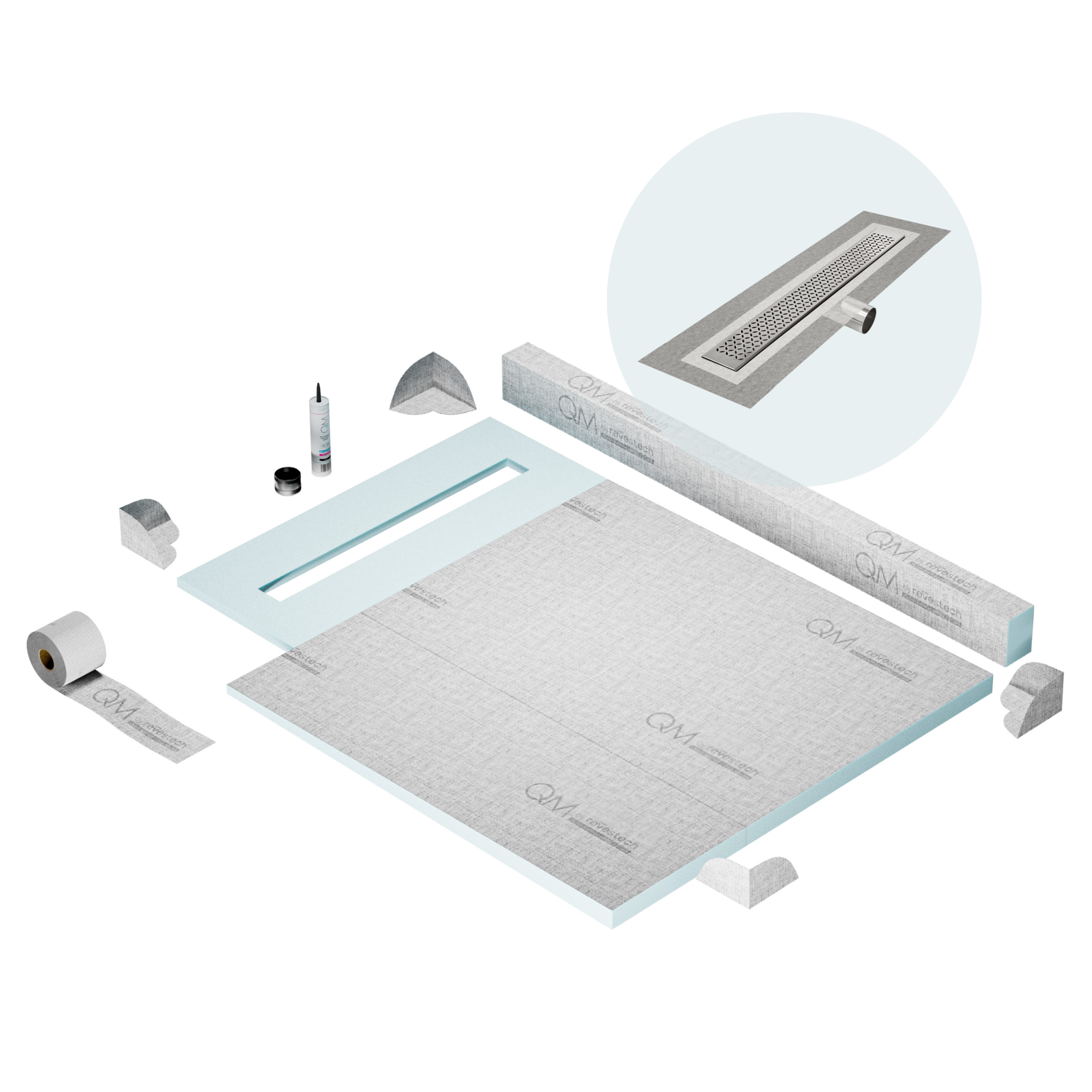 QM Shower Pan Kit 40" with a 32" Lotus Linear Drain Flange Edge Side Outlet in Polished