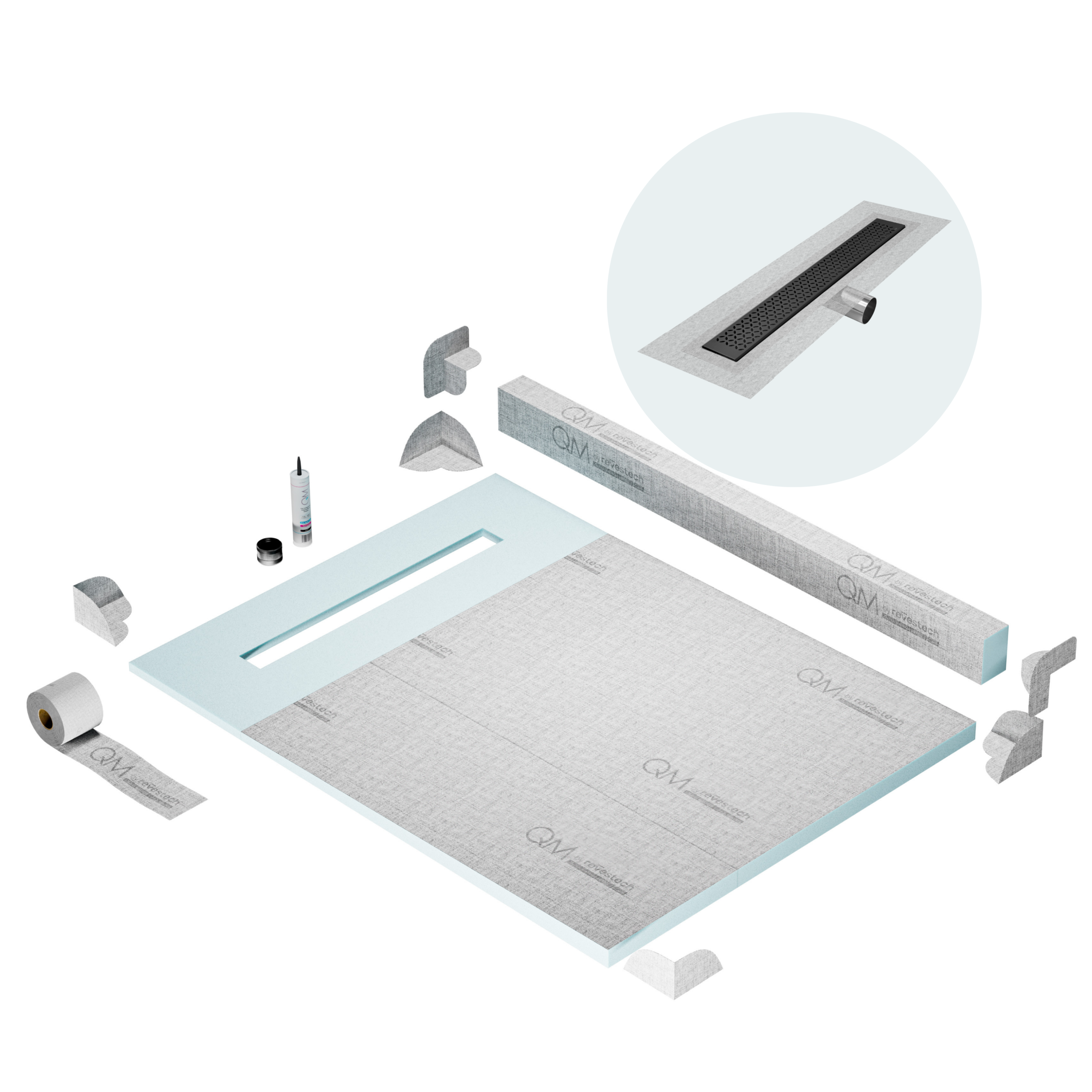 QM Shower Pan Kit 48" with a 36" Lotus Linear Drain Flange Edge Side Outlet in Black