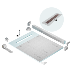 QM Shower Pan Kit 48″ with a 36″ Lotus Linear Drain Flange Edge Side Outlet in Bronze
