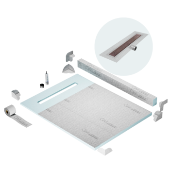 QM Shower Pan Kit 48" with a 36" Lotus Linear Drain Flange Edge Side Outlet in Bronze