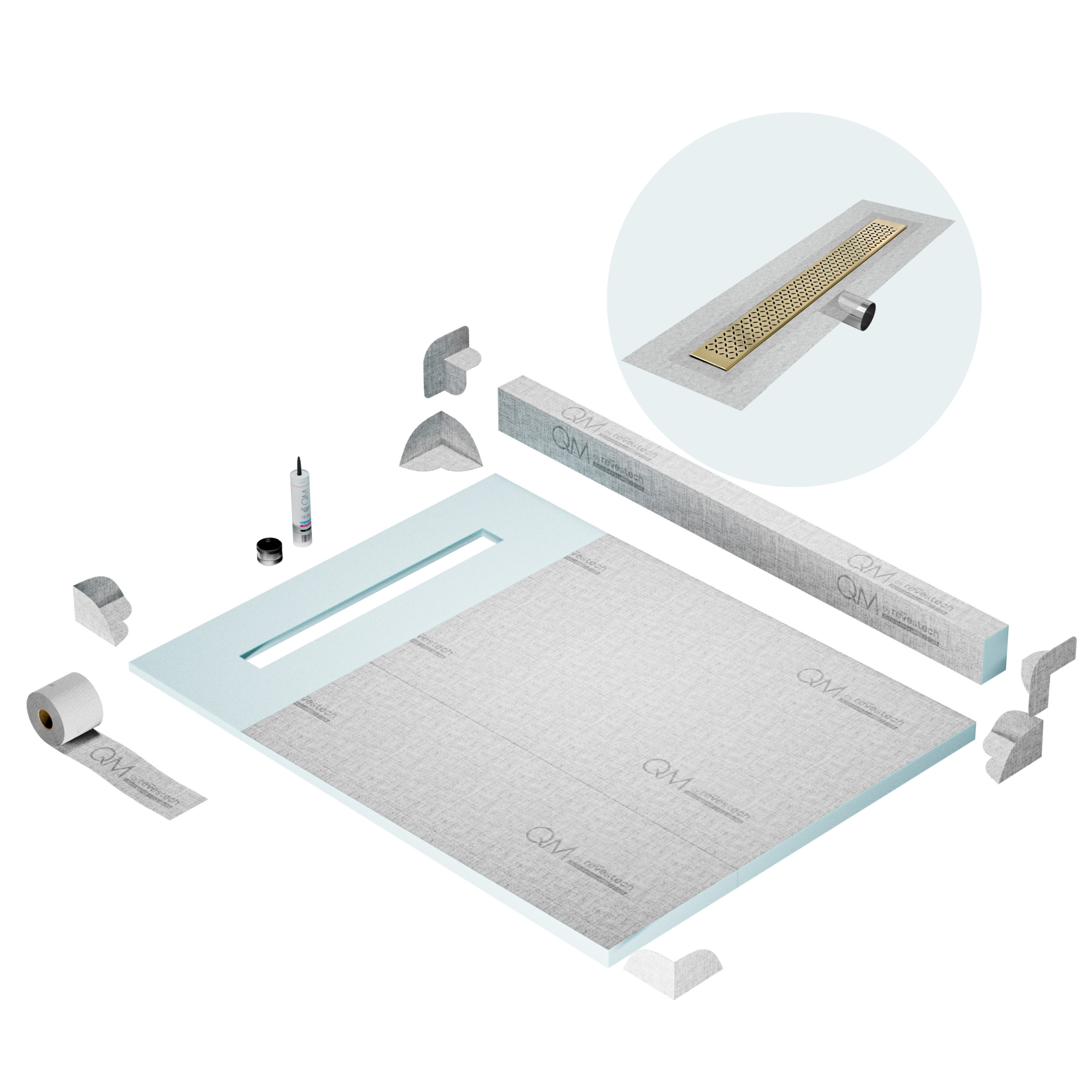 QM Shower Pan Kit 48" with a 36" Lotus Linear Drain Flange Edge Side Outlet in Gold
