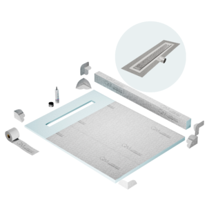 QM Shower Pan Kit 48″ with a 36″ Lotus Linear Drain Flange Edge Side Outlet in Polished