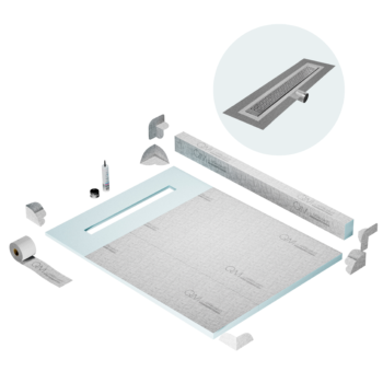 QM Shower Pan Kit 48" with a 36" Lotus Linear Drain Flange Edge Side Outlet in Satin