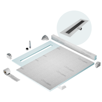 QM Shower Pan Kit 56" with a 48" Lotus Linear Drain Flange Edge Side Outlet in Black