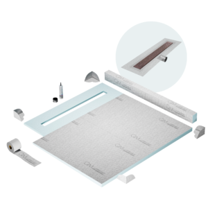 QM Shower Pan Kit 56″ with a 48″ Lotus Linear Drain Flange Edge Side Outlet in Bronze
