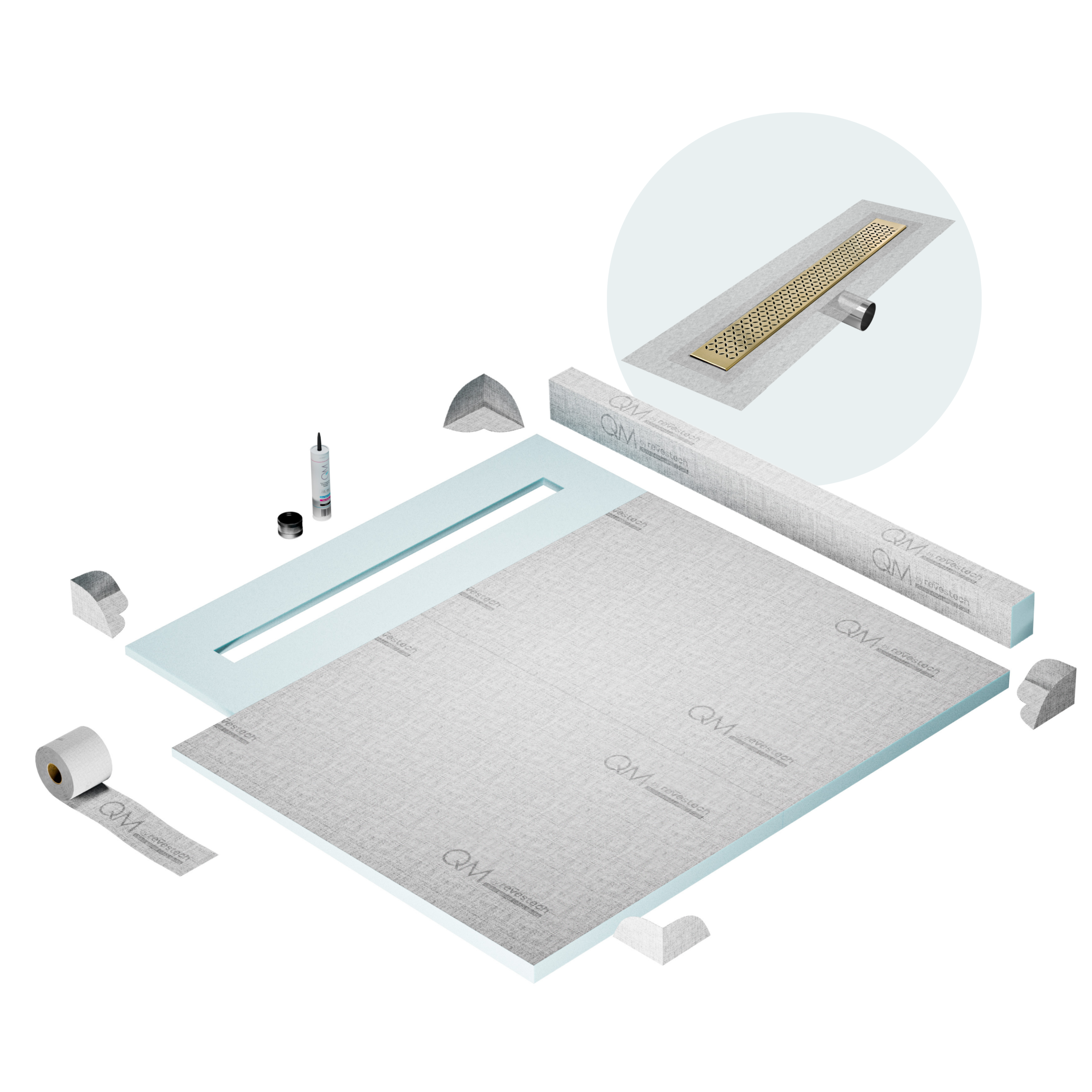 QM Shower Pan Kit 56" with a 48" Lotus Linear Drain Flange Edge Side Outlet in Gold