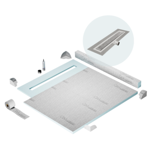 QM Shower Pan Kit 56″ with a 48″ Lotus Linear Drain Flange Edge Side Outlet in Polished