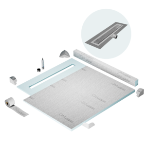 QM Shower Pan Kit 56″ with a 48″ Lotus Linear Drain Flange Edge Side Outlet in Satin