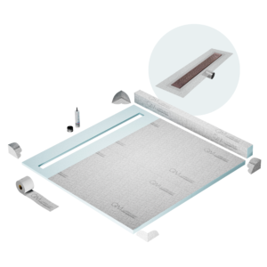 QM Shower Pan Kit 64″ with a 58″ Lotus Linear Drain Flange Edge Side Outlet in Bronze
