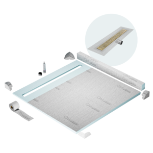 QM Shower Pan Kit 64″ with a 58″ Lotus Linear Drain Flange Edge Side Outlet in Gold