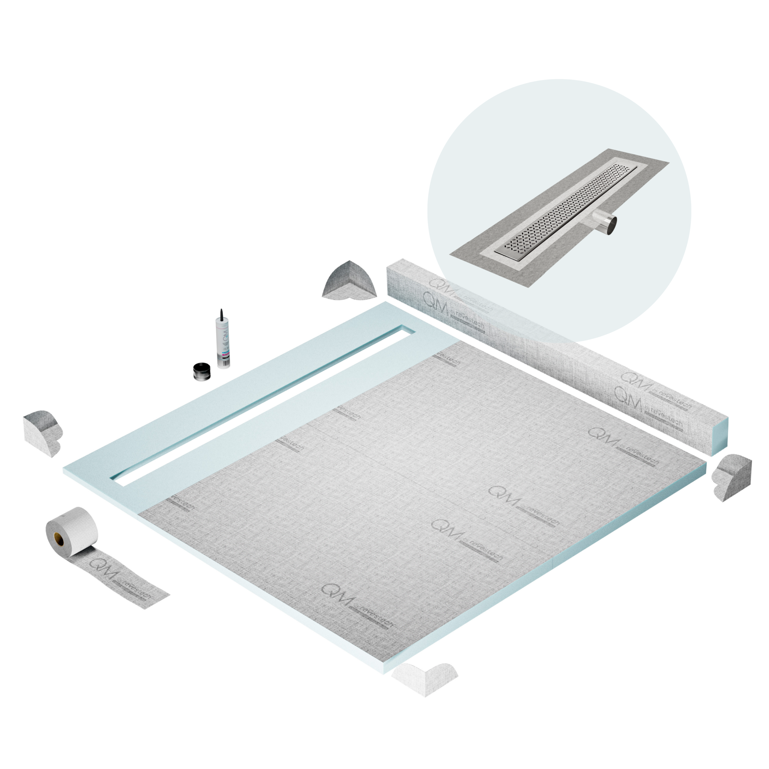 QM Shower Pan Kit 64" with a 58" Lotus Linear Drain Flange Edge Side Outlet in Polished