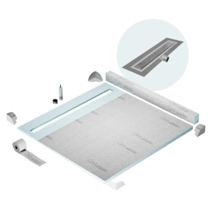 QM Shower Pan Kit 64″ with a 58″ Lotus Linear Drain Flange Edge Side Outlet in Satin