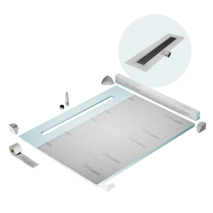 QM Shower Pan Kit 80″ with a 58″ Lotus Linear Drain Flange Edge Side Outlet in Black