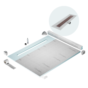 QM Shower Pan Kit 80″ with a 58″ Lotus Linear Drain Flange Edge Side Outlet in Bronze